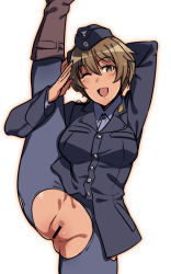 Rule 34 | 1girl, arm behind head, bar censor, black jacket, blue pantyhose, boots, brown eyes, brown footwear, brown hair, censored, em (totsuzen no hakike), female pubic hair, jacket, long sleeves, looking at viewer, military, military uniform, no panties, one eye closed, open mouth, pantyhose, pubic hair, salute, short hair, simple background, smile, solo, split, standing, standing on one leg, standing split, torn clothes, torn pantyhose, uniform, waltrud krupinski, white background, world witches series