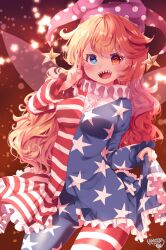 Rule 34 | 1girl, @ @, american flag dress, american flag pants, artist name, blonde hair, blue eyes, blurry, blurry background, breasts, brown background, buttons, clownpiece, commentary request, dress, frills, hair between eyes, hands up, hat, hat ornament, heterochromia, highres, jester cap, kemo chiharu, long hair, long sleeves, looking at viewer, medium breasts, neck ruff, open mouth, pants, polka dot, puffy long sleeves, puffy sleeves, purple hat, red eyes, sharp teeth, smile, solo, standing, star-shaped pupils, star (symbol), star hat ornament, star print, starry background, striped clothes, striped dress, striped pants, symbol-shaped pupils, teeth, tongue, touhou, v, v-shaped eyebrows, wavy hair