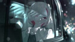 Rule 34 | 1girl, black shirt, bright pupils, car, city lights, dongdang, double-parted bangs, hair between eyes, headphones, highres, indie utaite, looking outside, medium hair, motor vehicle, multicolored hair, night, pink hair, shin such, shirt, sidelocks, sitting, smile, taxi, two-tone hair, white hair, white pupils, white shirt, who? (vocaloid)