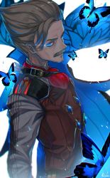 Rule 34 | 1boy, ascot, bad id, bad twitter id, blue cape, blue eyes, brown vest, buckle, bug, butterfly, cape, chromatic aberration, closed mouth, expressionless, facial hair, fate/grand order, fate (series), gem, glowing, glowing butterfly, glowing eyes, grey hair, highres, insect, james moriarty (archer) (fate), kashu (hizake), light trail, long sleeves, looking at viewer, male focus, mustache, red ascot, shirt, sideways glance, signature, solo, vest, white background, white shirt