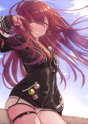 Rule 34 | 1girl, anchor symbol, black jacket, breasts, cleavage, cloud, day, earrings, emoji, grin, hair down, heart, heart earrings, heart necklace, highres, hololive, hood, hooded jacket, houshou marine, houshou marine (summer), jacket, jewelry, loeldrive, long hair, long sleeves, looking at viewer, medium breasts, necklace, official alternate costume, outdoors, pleading face emoji, puffy long sleeves, puffy sleeves, red eyes, red hair, short shorts, shorts, sky, smile, solo, very long hair, virtual youtuber, wet, wet clothes, white shorts, wind, yellow eyes, zipper pull tab