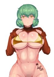 Rule 34 | 1girl, artist request, blush, bra, breasts, ghgnvm, green hair, hands on own breasts, highres, hikage (senran kagura), korean commentary, large breasts, looking at viewer, muscular, no panties, nose, open mouth, senran kagura, short hair, slit pupils, solo, sweater, tattoo, thick thighs, thighs, underwear, white background, yellow eyes