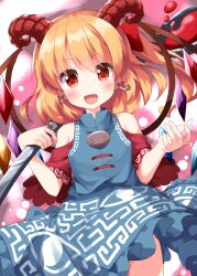 Rule 34 | 1girl, blonde hair, blue dress, blush, cosplay, cowboy shot, crystal, dress, earrings, flandre scarlet, highres, holding, holding spoon, horns, jewelry, long hair, looking at viewer, meandros, open mouth, oversized object, red eyes, red horns, red sleeves, ruu (tksymkw), sheep horns, smile, solo, spoon, touhou, toutetsu yuuma, toutetsu yuuma (cosplay), wings