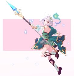 Rule 34 | 1girl, antenna hair, bag, blush, detached sleeves, dress, flower, full body, hair flower, hair ornament, holding, holding staff, holding weapon, keita (kta0), kokkoro (princess connect!), looking at viewer, looking back, multicolored background, open mouth, outstretched arms, pointy ears, princess connect!, purple eyes, sandals, satchel, see-through, see-through sleeves, short hair, shoulder blades, silver hair, single bare shoulder, sleeveless, sleeveless dress, solo, staff, weapon, white flower