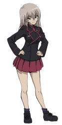 Rule 34 | 10s, 1girl, ankle boots, black footwear, black jacket, black socks, blue eyes, boots, closed mouth, commentary, contrapposto, dress shirt, full body, girls und panzer, hands on own hips, head tilt, itsumi erika, jacket, kanau, kuromorimine military uniform, long hair, long sleeves, looking at viewer, military, military uniform, miniskirt, pleated skirt, red shirt, red skirt, shirt, silver hair, simple background, skirt, smile, socks, solo, standing, uniform, v-shaped eyebrows, white background