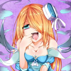 Rule 34 | 1girl, bags under eyes, bare shoulders, blonde hair, blue dress, blue eyes, breasts, cleavage, dress, finger in own mouth, hair over one eye, hat, hat ribbon, long hair, looking at viewer, lowres, mini hat, mouth pull, open mouth, oral invitation, orange hair, pandora (p&amp;d), puzzle &amp; dragons, ribbon, simple background, solo, teeth, tongue, tongue out, white ribbon, zuo wei er