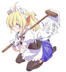 Rule 34 | 1girl, ahoge, anger vein, apron, black thighhighs, blue eyes, blue skirt, blush, character request, copyright request, gloves, hair between eyes, hair ribbon, hibimegane, holding, holding mop, kneeling, looking at viewer, maid headdress, mop, multiple views, original, red ribbon, ribbon, shirt, short twintails, simple background, sitting, skirt, thighhighs, tongue, tongue out, twintails, white apron, white background, white gloves