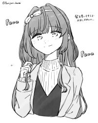 Rule 34 | 1girl, blunt bangs, bow, bow hairband, casual, coat, commentary, cropped torso, greyscale, hair bow, hairband, highres, holding, holding own hair, light blush, light smile, link! like! love live!, long hair, long sleeves, looking at viewer, love live!, monochrome, otomune kozue, portrait, puripuri hurai, ribbed sweater, sidelocks, sketch, solo, sweater, translation request, turtleneck, turtleneck sweater