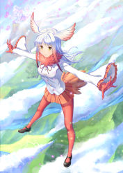Rule 34 | 10s, 1girl, airysher, black footwear, cloud, commentary request, day, flying, full body, fur collar, gradient hair, head wings, highres, japanese crested ibis (kemono friends), kemono friends, long sleeves, multicolored hair, orange skirt, outstretched arms, pantyhose, pleated skirt, red eyes, red hair, red pantyhose, sandstar, scenery, shirt, shoes, skirt, smile, solo, spread arms, white hair, white shirt, wide sleeves, wings, yellow eyes