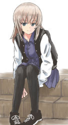 Rule 34 | 10s, 1girl, black footwear, black jacket, black pantyhose, blue eyes, blue shirt, blue skirt, casual, closed mouth, collared shirt, commentary, cross-laced footwear, full body, girls und panzer, itsumi erika, jacket, leaning forward, letterman jacket, long hair, long sleeves, looking at viewer, miniskirt, mutsu (layergreen), open clothes, open jacket, pantyhose, pleated skirt, shirt, shoes, silver hair, sitting, skirt, smile, sneakers, solo, stairs