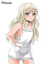 Rule 34 | 1girl, adapted costume, apron, blonde hair, bow, commentary request, cowboy shot, grecale (kancolle), green eyes, hair ornament, hairclip, highres, kantai collection, long hair, looking at viewer, naked apron, one-hour drawing challenge, pink bow, simple background, solo, standing, takomeshi, twitter username, white apron, white background