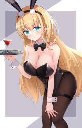 Rule 34 | 1girl, animal ears, azur lane, bare shoulders, black leotard, blonde hair, blue eyes, bow, bowtie, breasts, brown pantyhose, cleavage, detached collar, fake animal ears, hairband, hand on own knee, highres, hikkyou, holding, large breasts, leotard, long hair, looking at viewer, north carolina (azur lane), north carolina (the heart&#039;s desire) (azur lane), official alternate costume, pantyhose, playboy bunny, rabbit ears, smile, solo, standing, strapless, strapless leotard, thigh strap, tray, very long hair, wrist cuffs