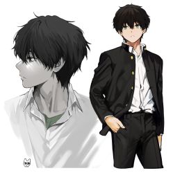 Rule 34 | 1boy, arm at side, black hair, black pants, closed mouth, collarbone, collared shirt, cowboy shot, cropped legs, dress shirt, expressionless, green eyes, hair between eyes, hand in pocket, highres, hyouka, jacket, kamiyama high school uniform (hyouka), long sleeves, looking at viewer, looking to the side, male focus, mery (yangmalgage), multiple views, open clothes, open jacket, oreki houtarou, pants, parted lips, profile, school uniform, shirt, shirt tucked in, signature, simple background, white background, white shirt, wing collar