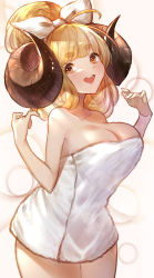 Rule 34 | 1girl, :d, absurdres, anila (granblue fantasy), bare arms, bare shoulders, blonde hair, blunt bangs, blush, bow, breasts, brown eyes, cleavage, collarbone, commentary request, cowboy shot, draph, granblue fantasy, hair bow, hair bun, hands up, highres, horns, large breasts, long hair, looking at viewer, naked towel, open mouth, simple background, single hair bun, smile, solo, suzu (suzuame329), teeth, thick eyebrows, towel, upper teeth only, w arms, white background, white bow