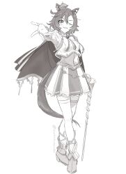 Rule 34 | 1girl, animal ears, boots, breasts, cane, cape, corset, crossed legs, crown, fingerless gloves, full body, gloves, greyscale, highres, holding, holding cane, horse ears, horse girl, horse tail, mini crown, monochrome, one eye closed, open mouth, outstretched arm, qing (sankakuosushi), reaching, reaching towards viewer, shirt, short hair, skirt, small breasts, smile, solo, standing, t.m. opera o (umamusume), tail, thighhighs, umamusume, watson cross