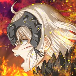 Rule 34 | 1girl, ahoge, angry, azumajin, bad id, bad pixiv id, blonde hair, blood, blood on face, embers, fate/grand order, fate (series), headpiece, highres, jeanne d&#039;arc (fate), jeanne d&#039;arc alter (avenger) (fate), jeanne d&#039;arc alter (fate), open mouth, solo, teeth, tongue, yellow eyes