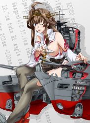 Rule 34 | 1girl, ahoge, akito (sub707), ammunition, boots, breast slip, breasts, brown hair, brown hakama, cannon, detached sleeves, double bun, english text, hair bun, hakama, hakama short skirt, hakama skirt, headgear, highres, japanese clothes, kantai collection, kongou (kancolle), kongou kai ni (kancolle), large breasts, long hair, machinery, nontraditional miko, one breast out, one eye closed, purple eyes, ribbon-trimmed sleeves, ribbon trim, rigging, rudder footwear, skirt, solo, thigh boots, thighhighs, tongue, tongue out, turret