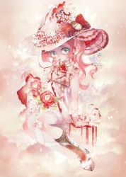 Rule 34 | 1girl, bow, bug, butterfly, dress, eyelashes, flower, green eyes, hat, hat bow, hat flower, highres, bug, invisible chair, looking at viewer, mamaloni, mouth hold, original, pink hair, red bow, red flower, red rose, rose, sitting, solo, white dress, witch hat
