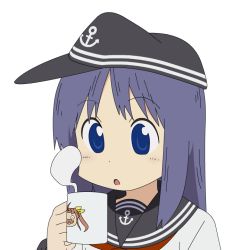 Rule 34 | 1girl, :o, akatsuki (kancolle), anchor symbol, black sailor collar, blush, cameo, character print, coffee mug, commentary request, cup, flat cap, hat, holding, holding cup, kagerou (kancolle), kantai collection, long hair, long sleeves, looking down, mug, neckerchief, nichijou, parody, purple eyes, purple hair, red neckerchief, sailor collar, school uniform, serafuku, sidelocks, simple background, solo, steam, style parody, sugapi, tokisadame school uniform, upper body, white background