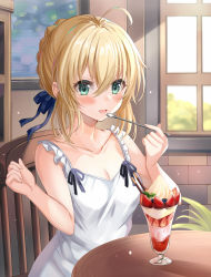 Rule 34 | 1girl, ahoge, alternate costume, arm up, artoria pendragon (all), artoria pendragon (fate), bad anatomy, bad id, bad pixiv id, bare arms, bare shoulders, blonde hair, blue ribbon, blush, braid, breasts, chair, cleavage, collarbone, commentary request, day, dress, fate (series), food, fruit, green eyes, hair ribbon, harimoji, holding, holding spoon, ice, indoors, medium breasts, ribbon, saber (fate), sitting, smile, solo, spoon, strawberry, table, white dress