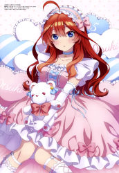 Rule 34 | 1girl, absurdres, ahoge, blue eyes, blush, choker, collarbone, dress, elbow gloves, frilled choker, frilled dress, frills, garter straps, gloves, go-toubun no hanayome, gothic lolita, heart pasties, highres, holding, holding stuffed toy, knees together feet apart, lolita fashion, long hair, looking at viewer, maeda tsumugi, maid headdress, megami magazine, nakano itsuki, official art, open mouth, pasties, pink dress, red hair, scan, sidelocks, solo, stuffed animal, stuffed toy, sweet lolita, teddy bear, thighhighs, white gloves