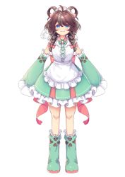 Rule 34 | 1girl, ahoge, apron, black sleeves, blue eyes, boots, bow, braid, brown hair, closed mouth, detached sleeves, dress, fang, fang out, frilled apron, frilled dress, frills, full body, green dress, green footwear, green hair, hair between eyes, hair bow, hair over shoulder, hair rings, ittokyu, long hair, long sleeves, multicolored hair, original, pleated dress, puffy long sleeves, puffy sleeves, red bow, signature, simple background, sleeveless, sleeveless dress, sleeves past fingers, sleeves past wrists, smile, solo, standing, streaked hair, twin braids, white apron, white background