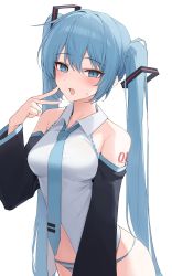Rule 34 | absurdres, bad id, bad twitter id, breasts, channel ( caststation), embarrassed, hatsune miku, highres, long hair, looking at viewer, medium breasts, necktie, open mouth, panties, simple background, sleeveless, striped clothes, striped panties, tattoo, tie clip, twintails, underwear, upper body, v, very long hair, vocaloid, white background