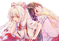 Rule 34 | 2girls, angry, black hair, bow, collar, collared shirt, commentary, dress, frilled collar, frilled dress, frilled sleeves, frills, fujiwara no mokou, hair bow, hand on own face, here (hr rz ggg), highres, hime cut, houraisan kaguya, long hair, long sleeves, looking at another, multiple girls, multiple hair bows, ofuda, open mouth, pants, pink shirt, ponytail, red eyes, red neckwear, red pants, red skirt, ribbon, shirt, shoes, short hair, sidelocks, skirt, suspenders, torn clothes, torn sleeves, touhou, white background, white bow, white hair, white shirt, wide sleeves, wing collar