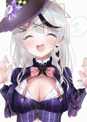 Rule 34 | 1girl, :d, ?, black hair, bow, braid, breasts, cleavage, closed eyes, cosplay, costume switch, cropped shirt, grey hair, grey shirt, hair ornament, hairclip, hat, highres, hololive, iiiiaoaoaoiiii, large breasts, long hair, multicolored hair, murasaki shion, murasaki shion (1st costume), murasaki shion (cosplay), open mouth, pink bow, pinstripe pattern, pinstripe shirt, purple headwear, sakamata chloe, shirt, single braid, smile, spoken question mark, star (symbol), star hair ornament, streaked hair, striped, tilted headwear, vertical stripes, virtual youtuber, witch hat, x hair ornament