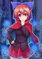Rule 34 | 1girl, bamboo, bamboo forest, black shirt, blouse, bow, cape, forest, hair bow, hand on own hip, hitodama, miniskirt, nature, red cape, red eyes, red hair, red skirt, reimei (r758120518), sekibanki, shirt, short hair, skirt, solo, touhou