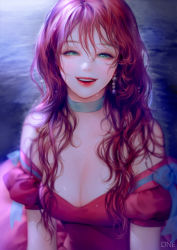 Rule 34 | &#039;o&#039;ne, 1girl, :d, bow, breasts, choker, cleavage, dress, earrings, green eyes, jewelry, korean commentary, lips, long hair, looking at viewer, medium breasts, night, ocean, off-shoulder dress, off shoulder, open mouth, original, pearl earrings, puffy short sleeves, puffy sleeves, red dress, red hair, short sleeves, smile, solo, wavy hair, wet, wet hair