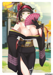 Rule 34 | 1girl, absurdres, bare shoulders, belt, black gloves, black hair, black kimono, blurry, blurry background, breasts, covering face, endrajager03, eyebrows hidden by hair, gloves, hairband, halo, hand fan, highres, holding, holding fan, japanese clothes, kimono, kimono pull, large breasts, lipstick, looking at viewer, makeup, mio (tsuki ga michibiku isekai douchuu), multiple belts, photo background, red hairband, short hair, side slit, signature, smile, solo, tsuki ga michibiku isekai douchuu, white sleeves, yellow eyes