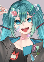 Rule 34 | 1girl, absurdres, aqua eyes, aqua hair, aqua nails, bandaid, bandaid on cheek, bandaid on face, bandaid on neck, beads, black jacket, black shirt, blue hair, candy, commentary request, food, gradient hair, green hair, hair beads, hair between eyes, hair ornament, hairclip, halha 20, hatsune miku, head tilt, highres, holding, holding candy, holding food, holding lollipop, hood, hood down, hooded jacket, jacket, lollipop, long hair, looking at viewer, lower teeth only, multicolored hair, nail polish, necktie, numbers&#039; uniform, open mouth, parted bangs, shirt, sidelocks, signature, simple background, smile, solo, spring onion, teeth, tongue, twintails, upper teeth only, very long hair, vocaloid, white background