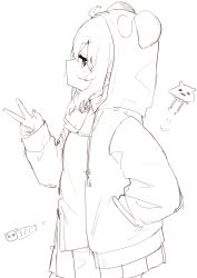 Rule 34 | 1girl, animal ears, animal hood, bow, fake animal ears, from side, hand in pocket, hand up, highres, hood, hood up, hooded jacket, jacket, ksk (semicha keisuke), long sleeves, looking at viewer, looking to the side, mole, mole under eye, nijisanji, open clothes, open jacket, panda ears, panda hood, pleated skirt, profile, sasaki saku, sasaki saku (1st costume), shirt, simple background, skirt, sleeves past wrists, solo, tongue, tongue out, v, virtual youtuber, white background