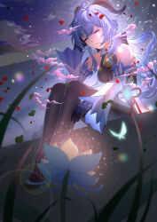 Rule 34 | 1girl, absurdres, ahoge, bare shoulders, bell, black pantyhose, blue flower, blue hair, bow, breasts, chenghuzongsi, chinese knot, closed eyes, cloud, detached sleeves, flower, flower knot, ganyu (genshin impact), genshin impact, glaze lily, gold trim, highres, horns, long hair, low ponytail, medium breasts, neck bell, night, pantyhose, parted lips, sidelocks, sitting, solo, tassel, vision (genshin impact), white sleeves