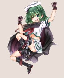 Rule 34 | 10s, 1girl, boots, cape, eyepatch, gloves, green eyes, green hair, hat, jumping, kantai collection, kiso (kancolle), kiso kai ni (kancolle), matching hair/eyes, midriff, navel, okina ika, open mouth, school uniform, short hair, smile, solo