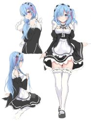 Rule 34 | 10s, 1girl, alternate hair length, alternate hairstyle, apron, blue eyes, blue hair, blush, bow, breasts, detached collar, detached sleeves, eyebrows, eyes visible through hair, frilled thighhighs, frills, full body, hair ornament, hair over one eye, hair ribbon, highres, juenny, long hair, looking at viewer, looking back, maid, maid apron, maid headdress, mary janes, medium breasts, multiple views, no shoes, open mouth, pink ribbon, playing with own hair, re:zero kara hajimeru isekai seikatsu, rem (re:zero), ribbon, shoes, side ponytail, sitting, smile, thighhighs, wariza, white background, white bow, white thighhighs, x hair ornament, zettai ryouiki