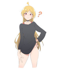 Rule 34 | 1girl, ?, absurdres, ahoge, black dress, blonde hair, blush, bocchi the rock!, bra strap, breasts, choker, closed mouth, clothes lift, collarbone, cropped legs, dress, dress lift, eitopondo, groin, highres, ijichi seika, lifting own clothes, long hair, long sleeves, looking at viewer, medium breasts, no panties, red choker, red eyes, solo, thighs, very long hair
