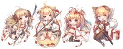 Rule 34 | 4girls, :3, :d, :o, ahoge, andira (granblue fantasy), anila (granblue fantasy), animal ears, antenna hair, bare shoulders, barefoot, bell, black legwear, blonde hair, blunt bangs, blush, braid, breasts, chibi, cleavage, detached leggings, detached sleeves, dog ears, draph, erune, feathers, full body, granblue fantasy, groin, hagoromo, hair ornament, hairband, harvin, highres, holding, holding staff, holding weapon, horns, jingle bell, katana, kneeling, leotard, long hair, long sleeves, looking at viewer, mahira (granblue fantasy), monkey ears, monkey tail, multiple girls, naginata, navel, open mouth, pantyhose, pleated skirt, pointy ears, polearm, red eyes, rope, shawl, sheath, sheathed, sheep horns, shimenawa, short eyebrows, short hair, simple background, skirt, smile, staff, sword, tail, thick eyebrows, thighhighs, topia, two side up, vajra (granblue fantasy), very long hair, weapon, white background, white legwear, wide sleeves, yellow eyes