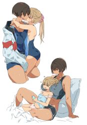 Rule 34 | 2girls, absurdres, arms around neck, black shorts, blonde hair, blue eyes, breasts, brown hair, cellphone, closed eyes, competition swimsuit, dark-skinned female, dark skin, height difference, highres, holding, holding phone, kei (m k), kiss, large breasts, long hair, m k, multiple girls, multiple views, one-piece swimsuit, open mouth, original, panties, phone, pink panties, ponytail, red eyes, rika (m k), short hair, short shorts, shorts, simple background, sitting, small breasts, smile, sweat, swimsuit, tall, tall female, tomboy, underwear, wet, white background, yuri