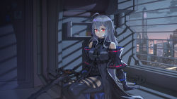 Rule 34 | 1girl, absurdres, ahoge, arknights, arm cuffs, arm support, ascot, bad id, bad pixiv id, belt, black ascot, black gloves, black pants, black shirt, bracelet, buttons, chinese commentary, cityscape, claymore (sword), clothing cutout, commentary request, cowboy shot, elite ii (arknights), gloves, hair between eyes, highres, indoors, jewelry, long hair, looking at viewer, low-tied long hair, no headwear, pants, qiufenghaiming, red eyes, shirt, silver hair, sitting, skadi (arknights), skadi (elite ii) (arknights), sleeveless, sleeveless shirt, solo, thigh cutout, thighs, very long hair, window