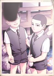 Rule 34 | 2boys, alternate costume, black eyes, black hair, black shorts, burning, buzz cut, character request, collared shirt, decoy00xx, expressionless, formal, golden kamuy, looking at viewer, male focus, multiple boys, necktie, ogata hyakunosuke, photo (object), shirt, short hair, shorts, smile, very short hair, vest, white shirt