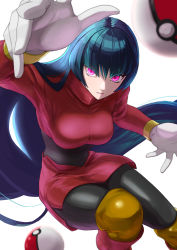 Rule 34 | 1girl, absurdres, arm up, black hair, blurry, bodysuit, boots, breasts, closed mouth, commentary request, creatures (company), cropped jacket, game freak, gloves, highres, jacket, kunimaki, long hair, long sleeves, looking at viewer, nintendo, over-kneehighs, pantyhose, pink eyes, poke ball, poke ball (basic), pokemon, pokemon frlg, sabrina (pokemon), side slit, skirt, solo, thighhighs, turtleneck, turtleneck jacket, white gloves