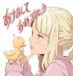 Rule 34 | 1girl, akeome, bird, blonde hair, chick, chinese zodiac, enami katsumi, green eyes, happy new year, highres, long hair, new year, original, pointy ears, solo, sweater, translated, white background, year of the rooster