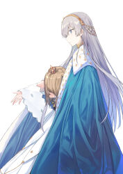Rule 34 | 1girl, anastasia (fate), blue cloak, blue eyes, cloak, coffeekite, doll, dress, fate/grand order, fate (series), fur trim, hair over one eye, hairband, highres, jewelry, long hair, neck ring, outstretched arm, solo, very long hair, viy (fate), white background, white dress, white hair