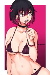 Rule 34 | 1girl, bikini, black choker, breasts, candy, choker, cleavage, empty eyes, fangs, food, highres, kuronami616, large breasts, licking, lollipop, looking at another, mole, mole on breast, mole under eye, multicolored hair, navel, original, pink nails, simple background, solo, stomach, swimsuit