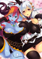 Rule 34 | 2girls, ahoge, areola slip, bare shoulders, belt, belt skirt, black legwear, black panties, blue skin, blush, braid, breast press, breasts, cameltoe, cleavage, cleft of venus, colored skin, covered erect nipples, demon girl, dress, earrings, elbow gloves, gloves, green eyes, hair ornament, hera (p&amp;d), horns, huge breasts, jewelry, large breasts, licking lips, light valkyrie (p&amp;d), long hair, looking at viewer, multicolored hair, multiple girls, naughty face, necklace, orange hair, panties, pointy ears, pussy, pussy peek, puzzle &amp; dragons, red eyes, red hair, saliva, shindou (fuguri), shiny clothes, shiny skin, side-tie panties, silver hair, skindentation, tears, thighhighs, tongue, tongue out, twin braids, underwear, untied, valkyrie (p&amp;d)