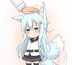 Rule 34 | 10s, 1girl, animal ears, bad id, bad twitter id, black skirt, black thighhighs, blue eyes, blush, closed mouth, dog ears, dog tail, fox ears, fox tail, hair ornament, hairclip, headpat, hibiki (kancolle), kantai collection, kemonomimi mode, long sleeves, nonono (mino), pleated skirt, silver hair, skirt, smile, tail, tail wagging, thighhighs, verniy (kancolle)