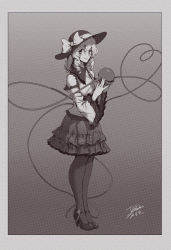 Rule 34 | absurdres, bags under eyes, bow, breasts, dated, detached sleeves, dress, drill hair, drill sidelocks, eyelashes, fingernails, frilled dress, frills, full body, gradient background, grey background, greyscale, hat, hat bow, high heels, highres, huge filesize, komeiji koishi, long hair, mary janes, medium breasts, monochrome, pantyhose, photo (object), ringlets, shoes, sidelocks, signature, solo, stank, sun hat, texture, third eye, touhou