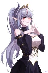 Rule 34 | 1girl, armlet, bare shoulders, black choker, black dress, breasts, bright pupils, choker, cleavage, cross-shaped pupils, demon girl, demon horns, dress, earrings, grey horns, highres, hoop earrings, horns, jewelry, large breasts, lilpa, long hair, long sleeves, multicolored hair, necklace, parted lips, pink lips, pointy ears, ponytail, puffy long sleeves, puffy sleeves, purple nails, red eyes, red hair, rething, simple background, solo, steepled fingers, streaked hair, symbol-shaped pupils, tiara, two-sided dress, two-sided fabric, very long hair, waktaverse, white background, white dress, white pupils